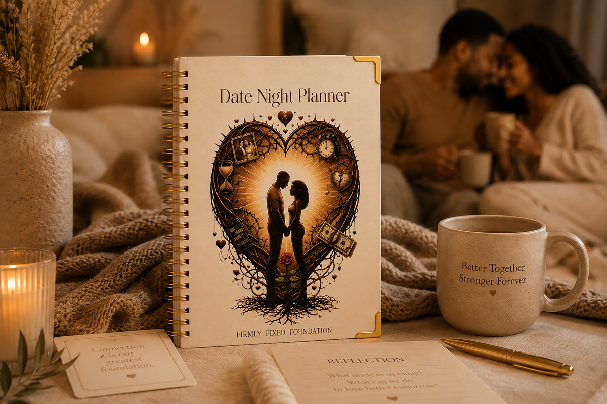 The Date Night Planner on a cozy table with a mug that reads Better Together, Stronger Forever