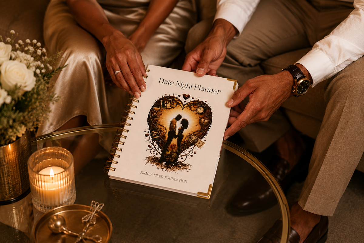 A couple holding the Date Night Planner beside a candle and flowers