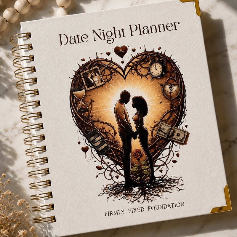 Date Night Planner by Firmly Fixed Foundation: spiral-bound planner with a couple inside a heart on the cover