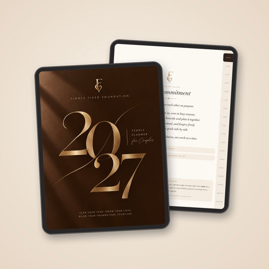 2027 Yearly Planner for Couples on iPad: the chocolate and gold cover and the Our Commitment page