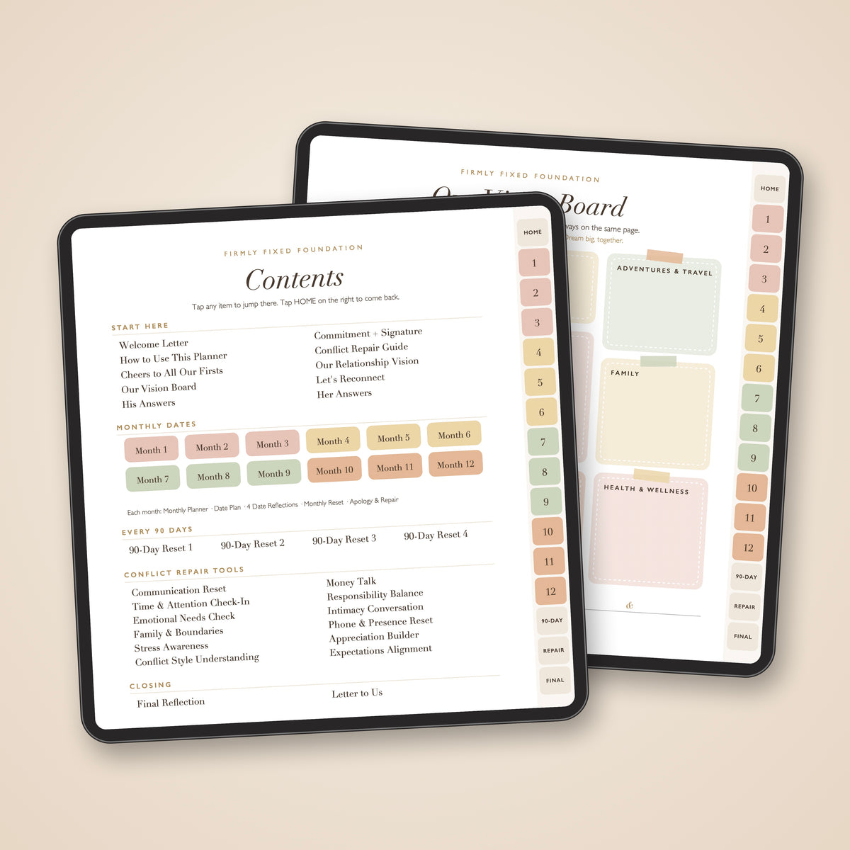 Contents and Our Vision Board pages of The Digital Date Night Planner on iPad