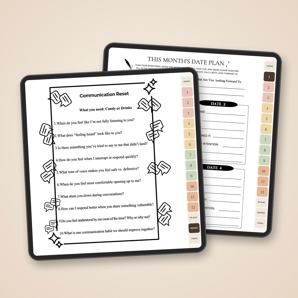 A conflict repair tool page and a date plan page of The Digital Date Night Planner on iPad